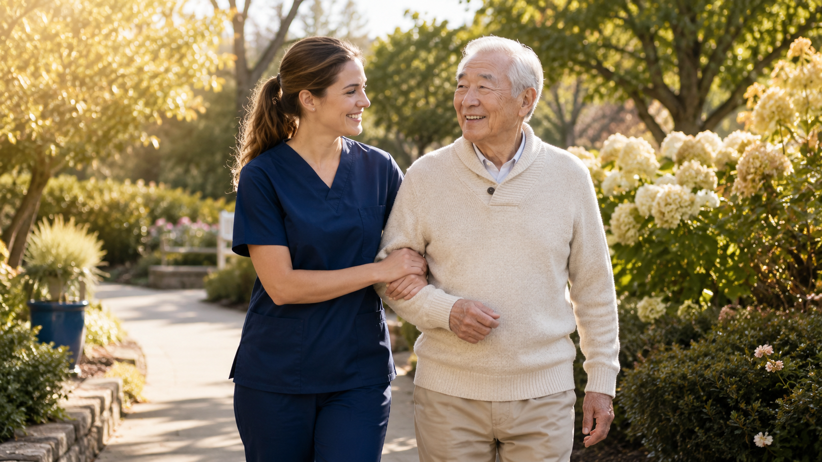 Caregiver and senior walking through a garden