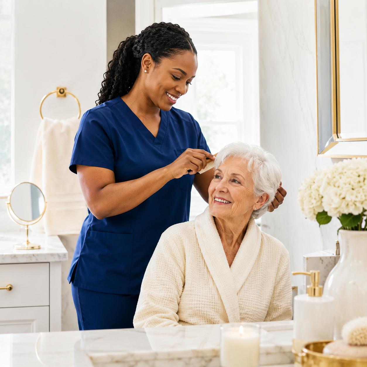 Caregiver assisting with grooming