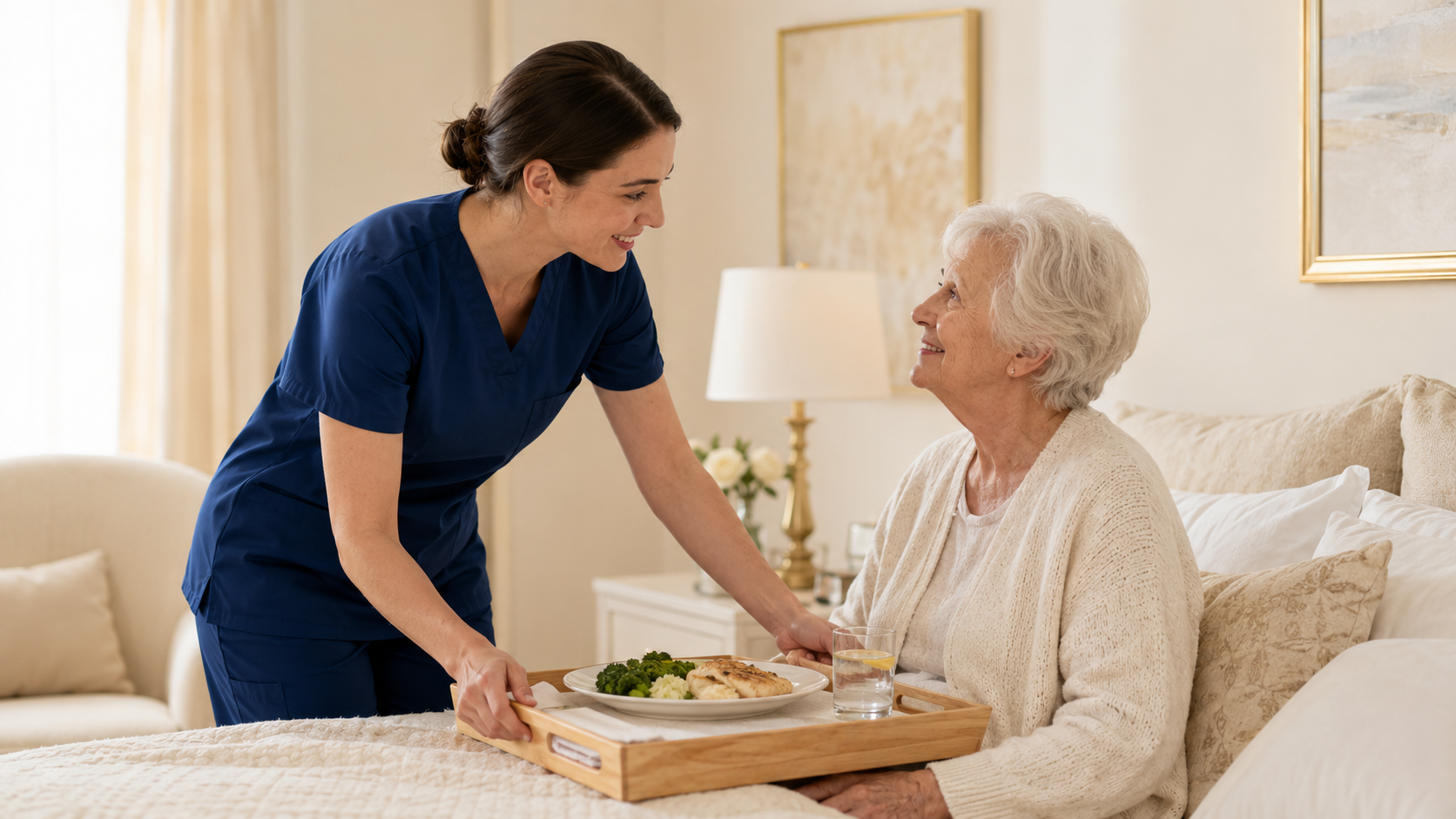 Caregiver serving a meal at the bedside