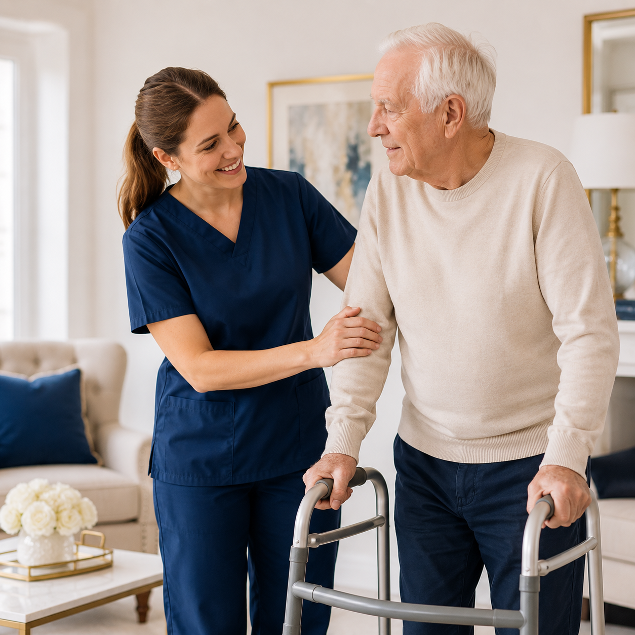 Caregiver supporting a man using a walker