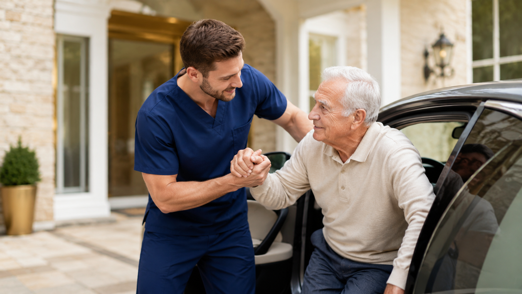 Caregiver helping a senior out of a car