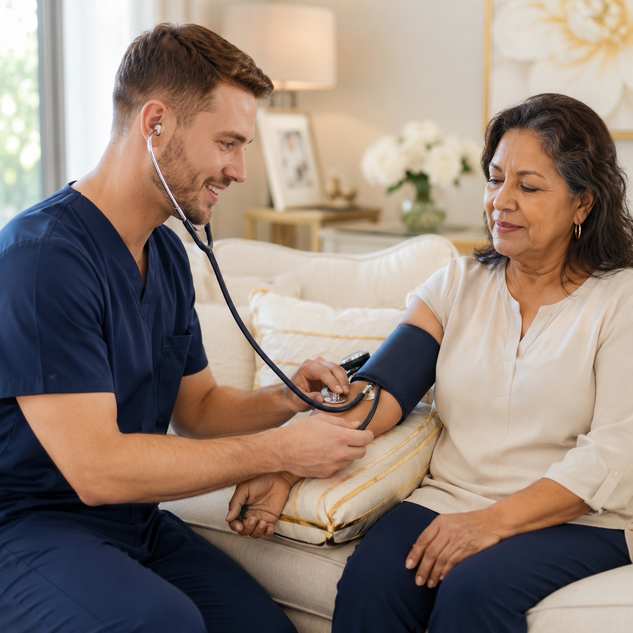 Caregiver checking blood pressure at home
